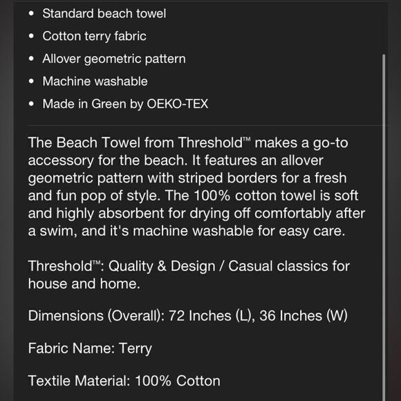 Threshold Beach Towel Size is 36x72 Cotton Terry Cloth Geometric Design - Picture 3 of 5